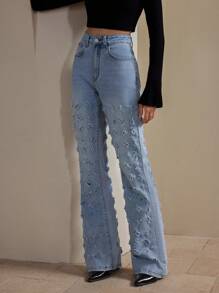 Anewsta Stylish Vintage Flared Leg Women Jeans - Blue - View 2