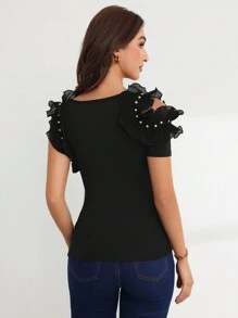 SHEIN Privé Fitting shirt Met Franjestrim Vierkante hals En Uitgeholde