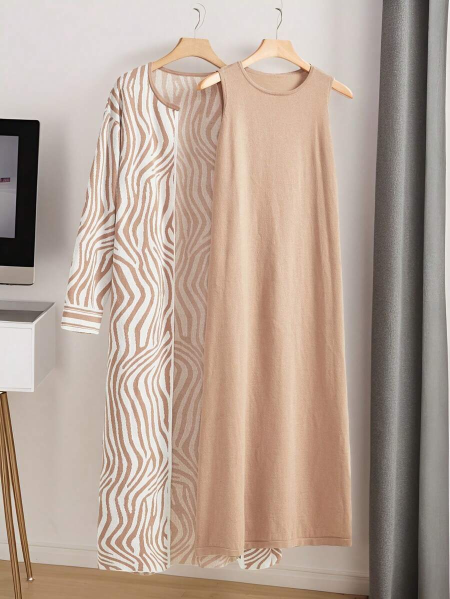 Mulvari Plus Size Jednolity Kolor Okrągły Dekolt Bez Rękawów Prosta Sukienka Z Kardiganem Sweter Zestaw 2 Części Zestaw - Kolor khaki - Zobacz 1