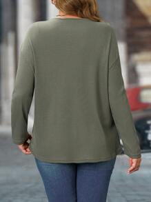 SHEIN LUNE Women Plus Size V-Neck Dropped Shoulder Long Sleeve Casual T-Shirt, Autumn
