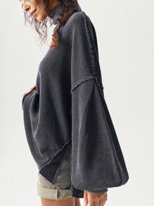 Bohemela Women's Casual Solid Color Knitted Turtleneck Lantern Sleeve Loose Slit Sweatshirt