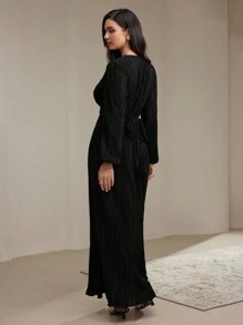 Veilorie Women Elegant Solid Color Textured Lantern Sleeve Long Dress, Autumn Modest - Black - View 3