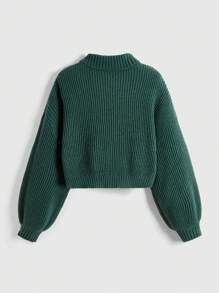 ROMWE Fairycore Women's Casual Fox Embroidered Mock Neck Cropped Sweater, Autumn/Winter - Dark Green - View 5