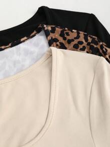 Sweetra Y2K休闲性感豹纹方领蝴蝶结上衣套装，含T恤，Y2K风格服装，印花猎豹纹T恤，女式上衣 - 彩色 - 查看 5