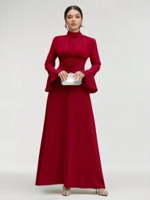Veilorie Mock Neck Lace Up Front Long Flounce Sleeve Modest Dress - Red - View 4