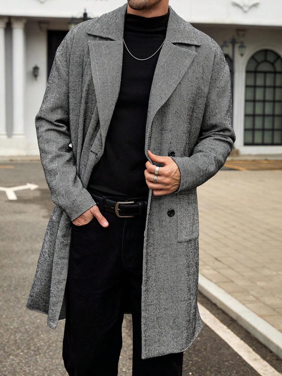 Manfinity VCAY Men's Loose Fit Lapel Collar Long Casual Overcoat, Suitable For Autumn And Winter Seasons - Black and White - View 1