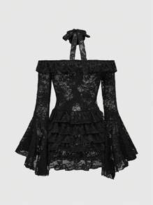 ROMWE Áo cánh tay loe hở vai xếp nếp ren Gothic dành cho nữ - màu đen - Xem 2