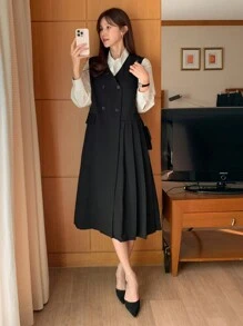 DAZY Vestido elegante de mujer con cuello en V sin mangas y botones, y chaleco, ropa de otoño