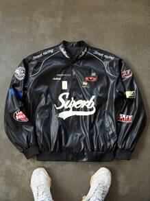 PAVTROS Manfinity Streetrush Letter Print Zip Up Casual Versatile Long Sleeve Baseball Jacket - Black - View 1