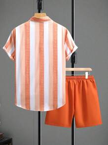Manfinity Homme Bộ áo sơ mi và quần short thường ngày kẻ sọc tay ngắn một hàng khuy dành cho nam - trái cam - Xem 2