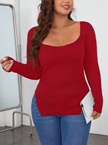 SHEIN Essnce 大码套头衫圆领长袖开衩下摆针织纯色 - 紅色 - 查看 1