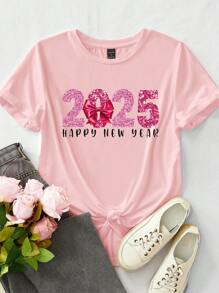 SHEIN EZwear Casual Minimalist Faux Glitter Bow 2025 Printed Pattern Pink Round Neck Short Sleeve Loose Women T-Shirt, Suitable For 2025 New Year Festive Tops - Pink - View 3
