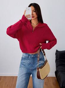 Flirla Women's Solid Color Half Zip Up Casual Pullover Sweater