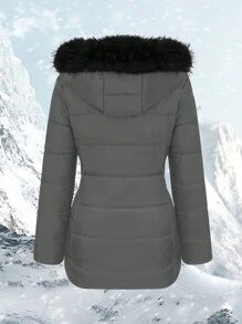 SHEIN LUNE 女士毛领口袋石墨烯加热长袖加厚棉服外套衣服冬季 - 灰色 - 查看 2