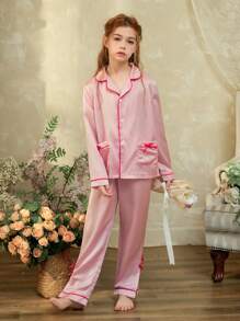 2pcs Tween Girls Pink Minimalist Stylish Cute Bow Satin Long Pants & Long Sleeve Casual Comfortable Pajama Set