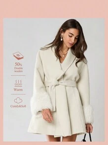 Enchnt 冬季新品，女士优雅时尚纯色披肩领长袖毛绒拼接双面大衣，冬季女装，冬装，保暖服装，冬季女士大衣，适合圣诞派对和浪漫晚餐约会 - 米色 - 查看 2