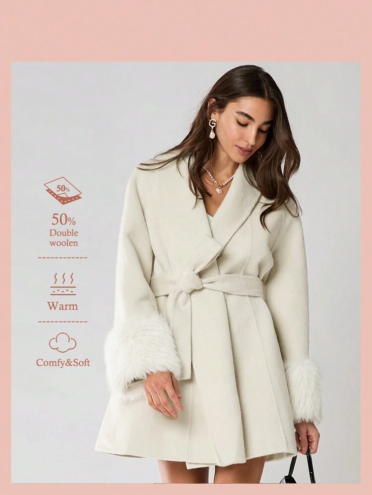 New Winter Products, Women Elegant Fashionable Solid Color Shawl Collar Long Sleeve Furry Patchwork Double-Sided Overcoat, Winter Women's Clothing, Winter Clothes, Warm Clothes, Winter Women Coat, For Christmas Party&Romantic Dinner Dates