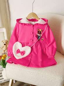 SHEIN Girls' Winter Warm Hooded Jacket,Thickened Long With Frill Edging,Cute Bear Print,Heart-Shaped Backpack,Career Day,Suitable For Daily Wear - Hot Pink - View 4