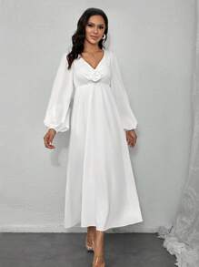 INAWLY Women's Solid V-Neck Twist Flared Sleeve Fish Tail Hem Elegant Dress - White - View 1