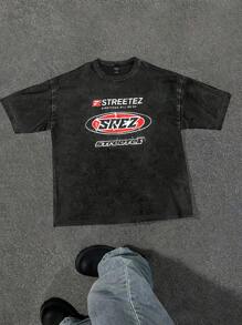 Manfinity RebelGame Męska koszulka z krótkim rękawem i okrągłym dekoltem w stylu vintage z nadrukiem w stylu casual, prezent dla chłopaka, na wyjście