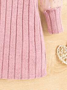 SHEIN Baby Girls Round Neck Polka Dot Mesh Splice Elastic Puff Sleeve Elegant Dress - Dusty Pink - View 6