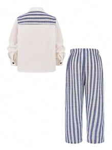 2 pièces Ensemble chemise à manches longues et pantalon rayés d'habillement de sport casual pour jeunes garçons. Convient pour les sorties, les sports, les rassemblements quotidiens, les tenues de rentrée scolaire en automne/hiver, les tenues d'automne - Multicolore - Voir 2