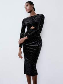 Lumivelle Vestido elegante de franela para mujer con aplicaciones de diamantes de imitación y diseño con recortes, de manga larga, adecuado para atuendos de mujer de largo maxi en otoño/invierno
