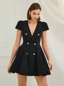 Enchnt Women's V-Neck Short Sleeve Double Breasted Fitted Elegant Mini Dress,Black Gold,Summer,Dinner Date,Fashionable New Year Holiday Christmas Party Dress - Black - View 4
