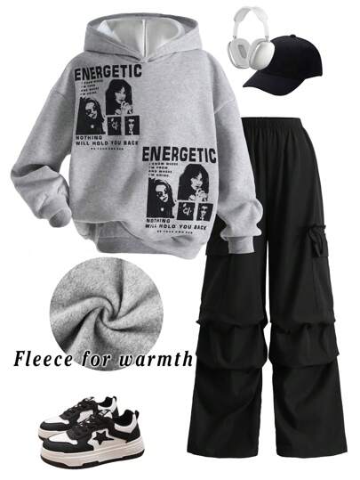 SHEIN Tween Girl 超大肖像和口号印花连帽衫和阔腿裤 2 件套，适合秋冬季