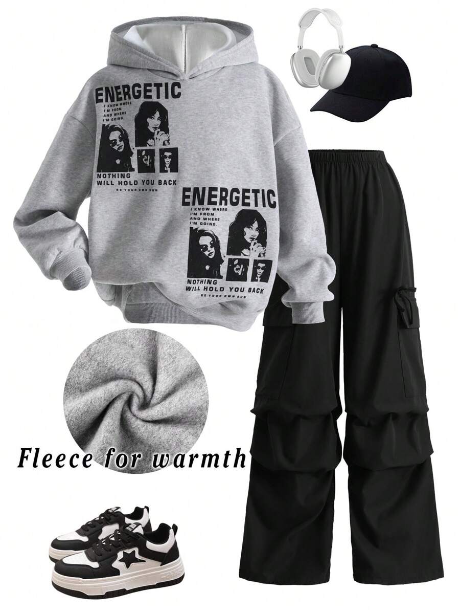 SHEIN Tween Girl 超大肖像和口号印花连帽衫和阔腿裤 2 件套,适合秋冬季 - 淺灰色 - 查看 1