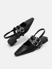 CUCCOO BIZCHIC 女士方头黑色 PU 皮革孔眼带低跟平底乐福鞋，时尚休闲朋克风格 - 黑色 - 查看 2