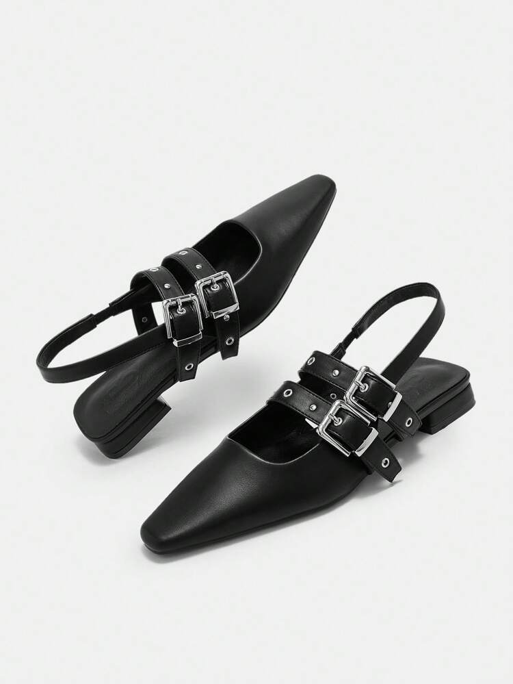 CUCCOO BIZCHIC Women Square Toe Black PU Leather Eyelet Strap Low Heel Flat Loafers, Fashionable Casual Punk Style