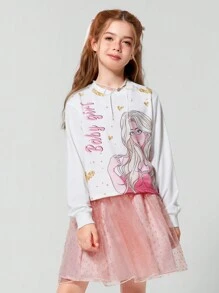 SHEIN Explorewe Tween Girls Autumn Letter & Cartoon Character Print Long Sleeve Top And Net Mesh Skirt 2pcs Set, Cute - Pink - View 6