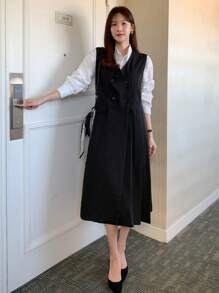 DAZY Vestido elegante de mujer con cuello en V sin mangas y botones, y chaleco, ropa de otoño