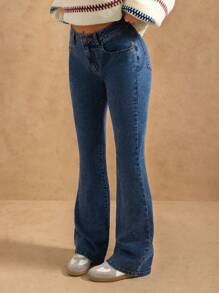 Forever 21 Pantalon en jean évasé stretch de couleur unie, polyvalent et décontracté