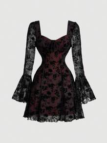 SHEIN MOD Black Velour Bell Sleeve Square Neck Dress, Bust Cups Separation, Flared, Retro Elegant Women's Dress - Red and Black - View 1