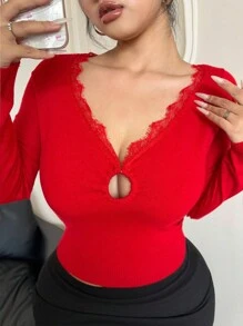 Flirla Plus Size Women Contrast Lace Hollow Out Knit Sweater, Girly Style For Autumn For New Year Clothes, For Winter