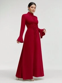 Veilorie Mock Neck Lace Up Front Long Flounce Sleeve Modest Dress - Red - View 1