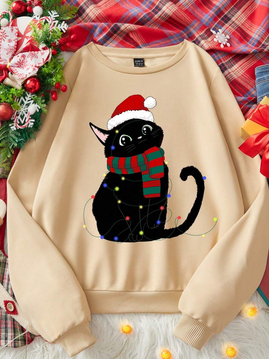SHEIN Essnce 休闲简约圣诞猫印花圆领宽松厚款卫衣，女式长袖圣诞节，冬季 - 杏色 - 查看 1