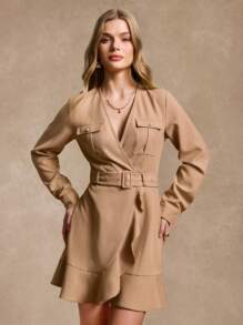 SHEIN Unity 女士秋季优雅纯色荷叶边下摆短款连衣裙 - 卡其色 - 查看 4