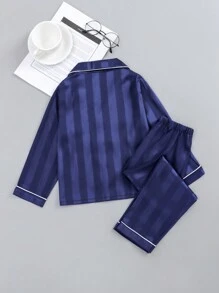 男童秋季罗纹提花条纹长袖上衣和裤子睡衣套装 - 藏蓝色 - 查看 2