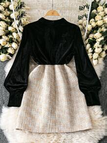 SHEIN Clasi 女士长袖天鹅绒拼布粗花呢优雅设计中长连衣裙 - 彩色 - 查看 2