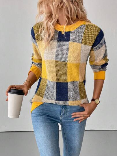 EMERY ROSE Women's Plaid Round Neck Drop Shoulder Long Sleeve Casual Pullover Sweater, Autumn/Winter Knit Pullover Fall