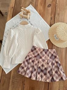 SHEIN LMoss Kids LMoss Young Girl 少女编织格子紧身休闲裙 - 彩色 - 查看 7