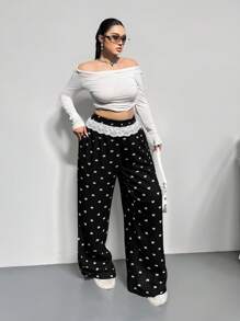 Flirla Tillbaka till skolan Hög midja Lösa Casual Printed Byxor För Plus Size - Svart - Visa 1