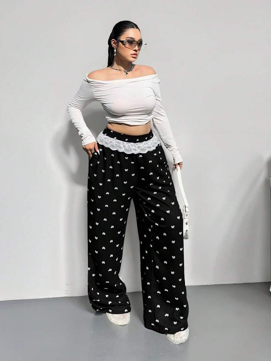 Flirla Tillbaka till skolan Hög midja Lösa Casual Printed Byxor För Plus Size - Svart - Visa 1