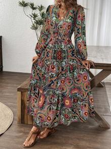 SHEIN LUNE 女士休闲长袖连衣裙，波西米亚风 V 领佩斯利印花，适合秋季 - 黑色 - 查看 4