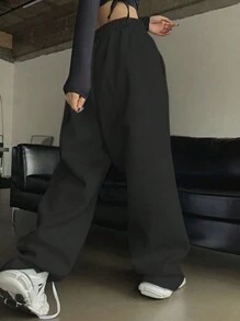 INAWLY 大码女式抽绳腰部蝴蝶结印花口袋宽松休闲运动裤 - 黑色 - 查看 2