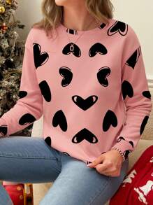 SHEIN LUNE Pink Cute Heart Pattern Round Neck Loose Fit Sweatshirt For Plus Size - Multicolor - View 1