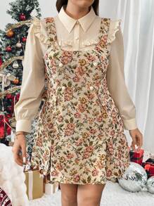 Franclia Set de 2 piezas de vestido sin mangas con estampado floral elegante y camisa de manga larga unicolor para tallas grandes, otoño